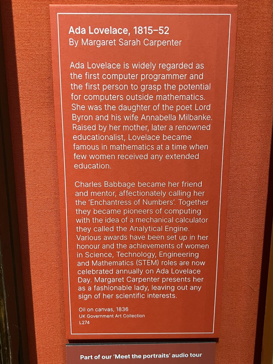 Never knew this before - Ada Lovelace, Lord Byron’s daughter, is considered the first computer programmer! My respect for her is now up there w/Hedy Lamarr when it comes to pioneering women ahead of their time! (& she was a beauty just like Hedy, too!) #NationalPortraitGallery
