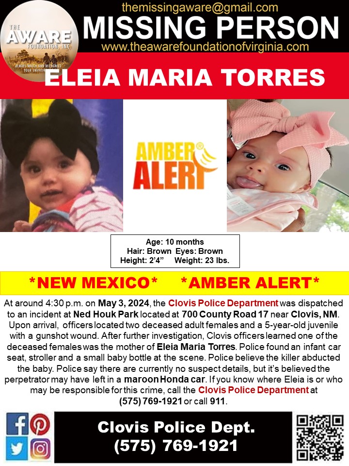 ***AMBER Alert*** CLOVIS, NM
At around 4:30 p.m. on May 3, 2024, the Clovis Police Department was dispatched to an incident at Ned Houk Park located at 700 County Road 17 near Clovis, NM. Upon arrival, officers located two deceased adult females and a 5-year-old juvenile with a…