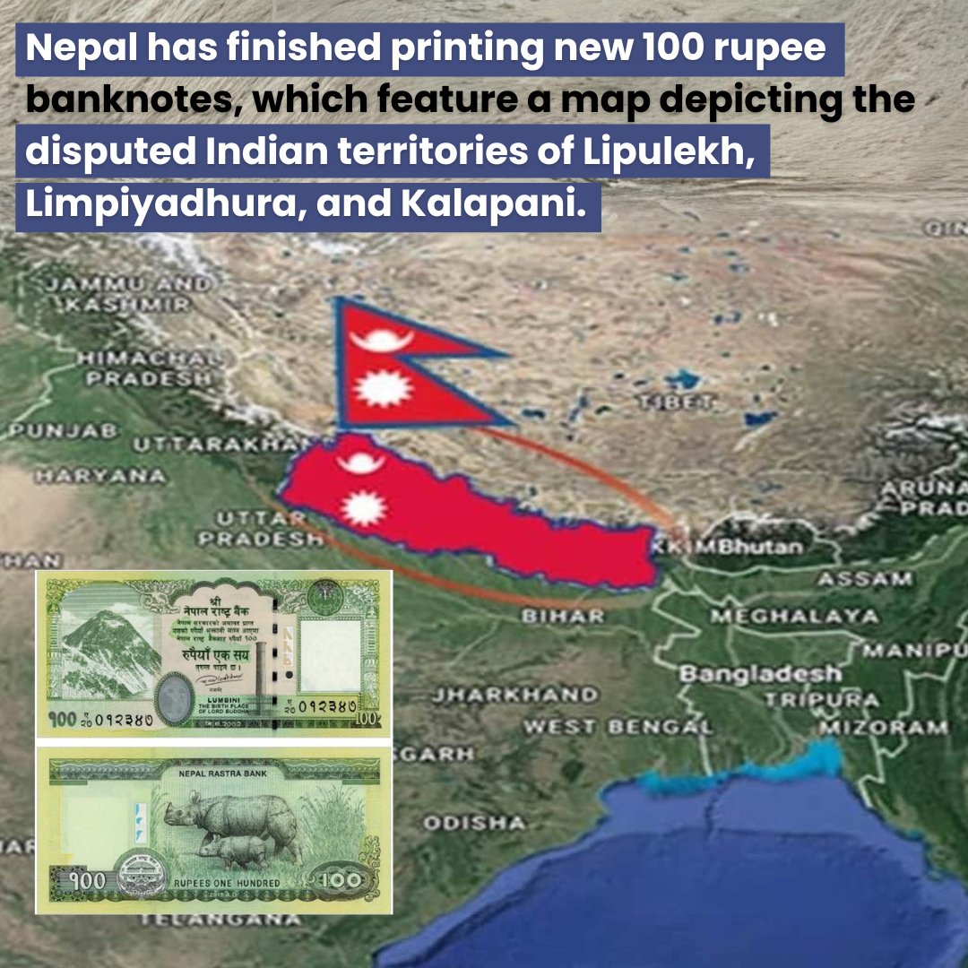 Nepal has issued a new 100 rupee currency note with a map showing its assertions territories of Lipulekh, Limpiyadhura, and Kalapani: the areas disputed by India. 
.
.
.
.
.
.
#thebigook #todaynews #nepalnews 
#nepalcurrency
#territorialdispute
#nepalindiarelations