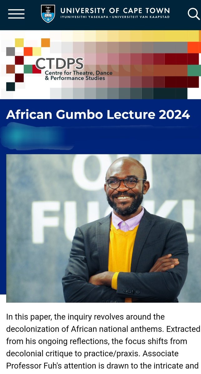 Don't Miss it!! Join us this Thurs 09 May, 7pm SAST at @UCT_news Centre for Dance, Theatre & Performance Studies, for the #AfricanGumbo Lecture 2024 on decolonising #Africa national anthems & the example of the #Bafut people. More/Register: humanities.uct.ac.za/centre-ctdps/a…