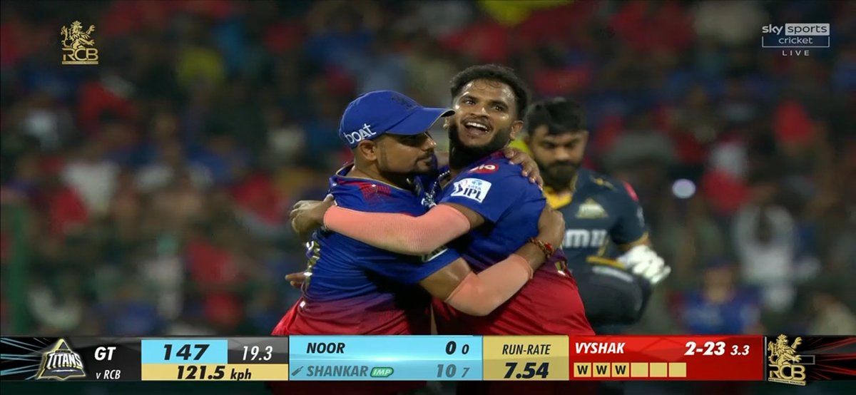 #RCBvGT

Vyshak involved with all last 4 wickets 

Catch 
Wicket 
Runout 
Wicket