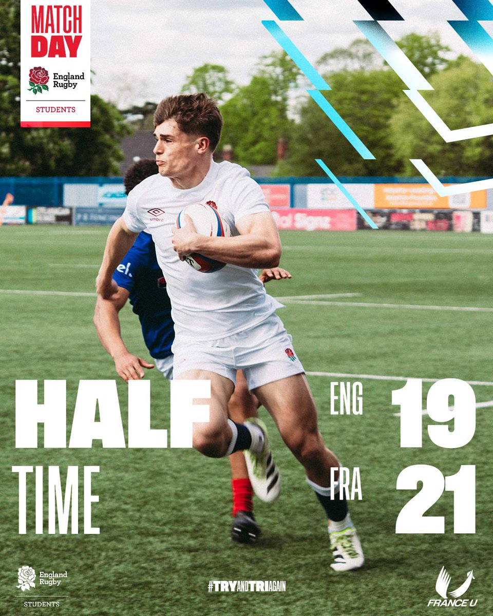 HALF TIME SCORE England Students 19 | France Universities 21 It’s all still to play for at @CoventryRugby 🌹 Watch the second half live via the link in our bio! #TryAndTriAgain
