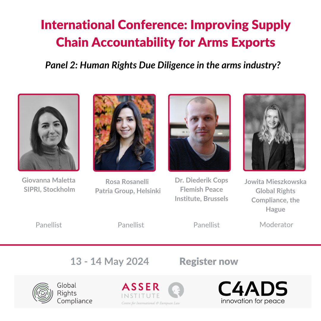 Join us to discuss human rights due diligence, arms trade and the #CSDDD. 

Featuring @gio_maletta (@SIPRIorg), @RosaRosanelli (@group_patria) and @Diederik_Cops (@Vredesinstituut) & moderated by Jowita Mieszkowska @GRC_HumanRights.

🔗Register here: asser.nl/education-even…