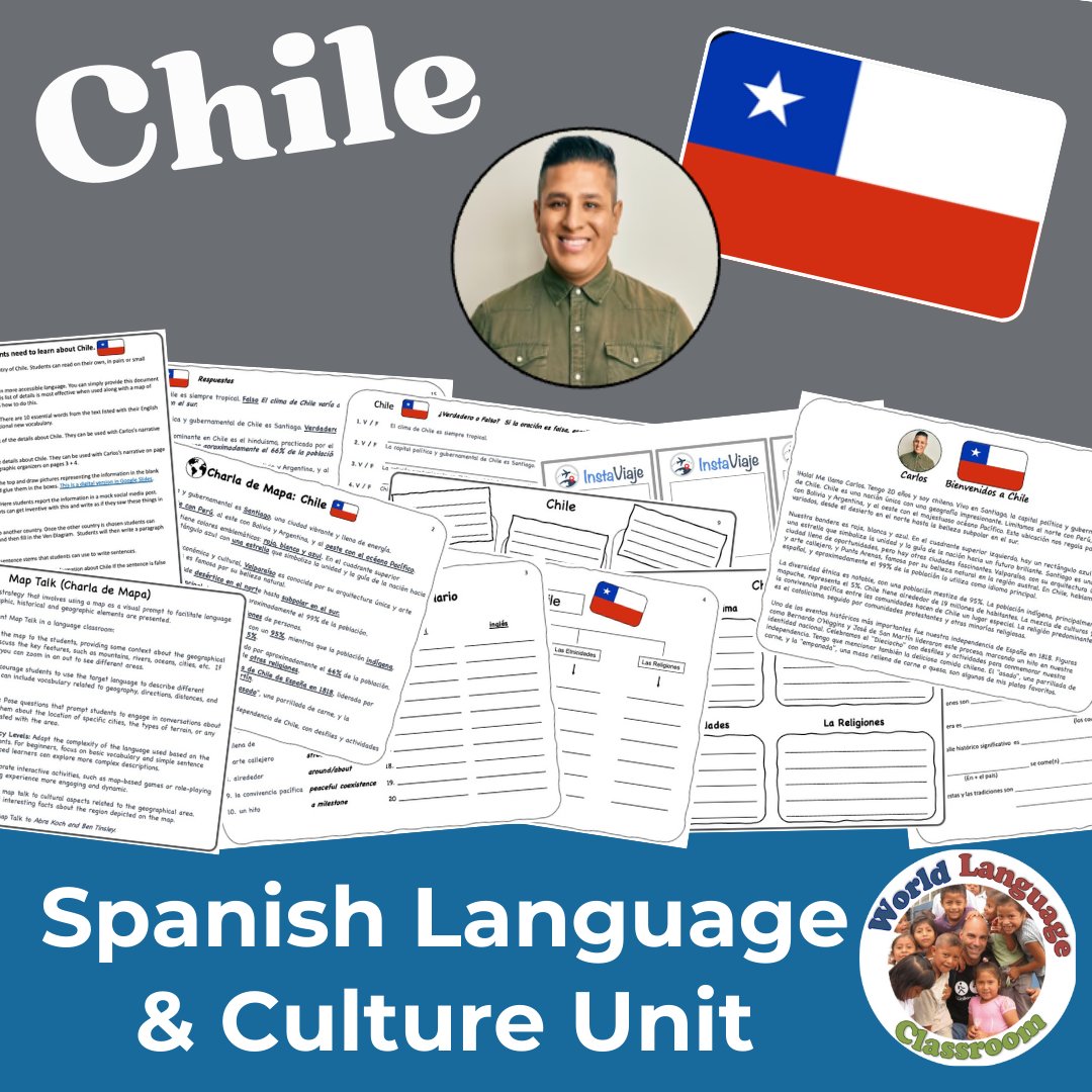 Bring Chile to your classroom. These country units have reading & writing activities, brain frames and scaffolded notes, map talks, creative projects & an assessment. Digital & Print. Everything is ready to go. ☑️teacherspayteachers.com/Product/Spanis…