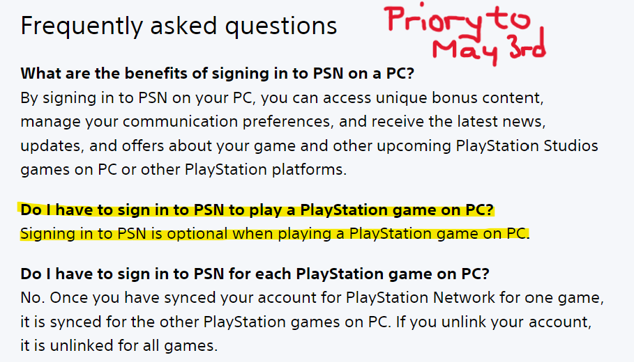 StrangeLeafNS's tweet photo. @ChrisHarte7 On Sonys website, prior to the announcement and backlash, their FAQ stated that PC games wouldn't be required to have a PSN account. That was the impression my friends and I had when we bought the game. Theres also the reason behind the requirement for a PSNA that I don't like. https://t.co/QeT4tcHuz4
