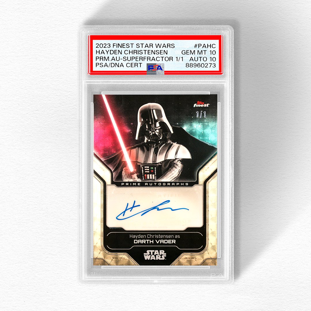 ✍️ Whose auto would be the ultimate add to your Star Wars PC? 

One of the most iconic villains in cinema history graces this 2023 Topps Finest Superfractor 1/1 that recently passed through our grading room, complete with a PSA 10 Hayden Christensen signature. #MayThe4th