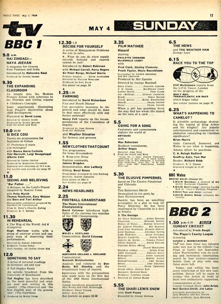 TV📺4/5/69 BBC1 
3.35:Film - Hazard 5.5:Going for a Song 5.30:The Elusive Pimpernel 5.55:The Shari Lewis Show 6.5:News 6.15:Race You to the Top 6.25:What's Happening to Camelot? 6.55:Songs of Praise 7.25:Dr Finlay's Casebook (with thanks to @RadioTimesVtg)