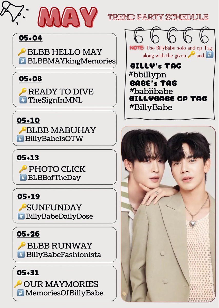 _Arccii__'s tweet photo. 📣 ANNOUNCEMENT!

MONTH OF MAY
CHAPTER 5 of 12

Lets MAYke this Month a MAYmorable to #BillyBabe and to us.  
Party start tomorrow at

⏰ 18.00 🇹🇭 [BKK]

#Thirdwheeler, Let be vocal to support #bbil1ypn and #babiibabe  😊!

Thank you. https://t.co/Fe0Os1jScX