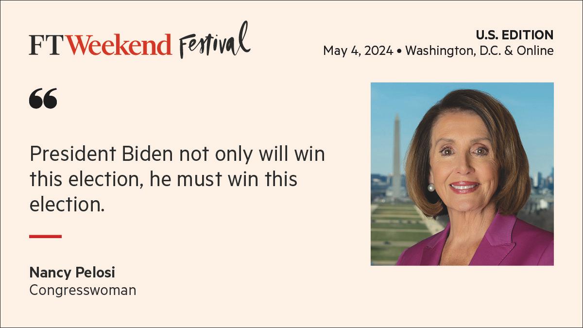 Roula Khalaf, editor of the FT, interviewed Congresswoman and 52nd Speaker Nancy Pelosi at #ftweekendfestival just now. They discussed the upcoming presidential election, being a woman in politics and lots more. You can still register to watch on demand: usftweekendfestival.live.ft.com