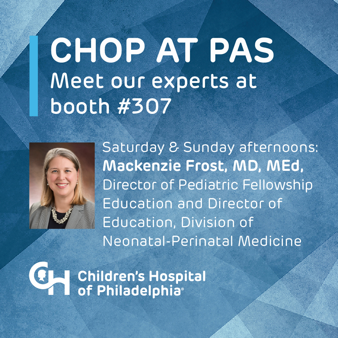 Dr. Mackenzie Frost, Director of our Pediatric Fellowship Education and Director of Education in our Division of Neonatal-Perinatal Medicine will join us in the booth Saturday and Sunday afternoons. #PASMeeting