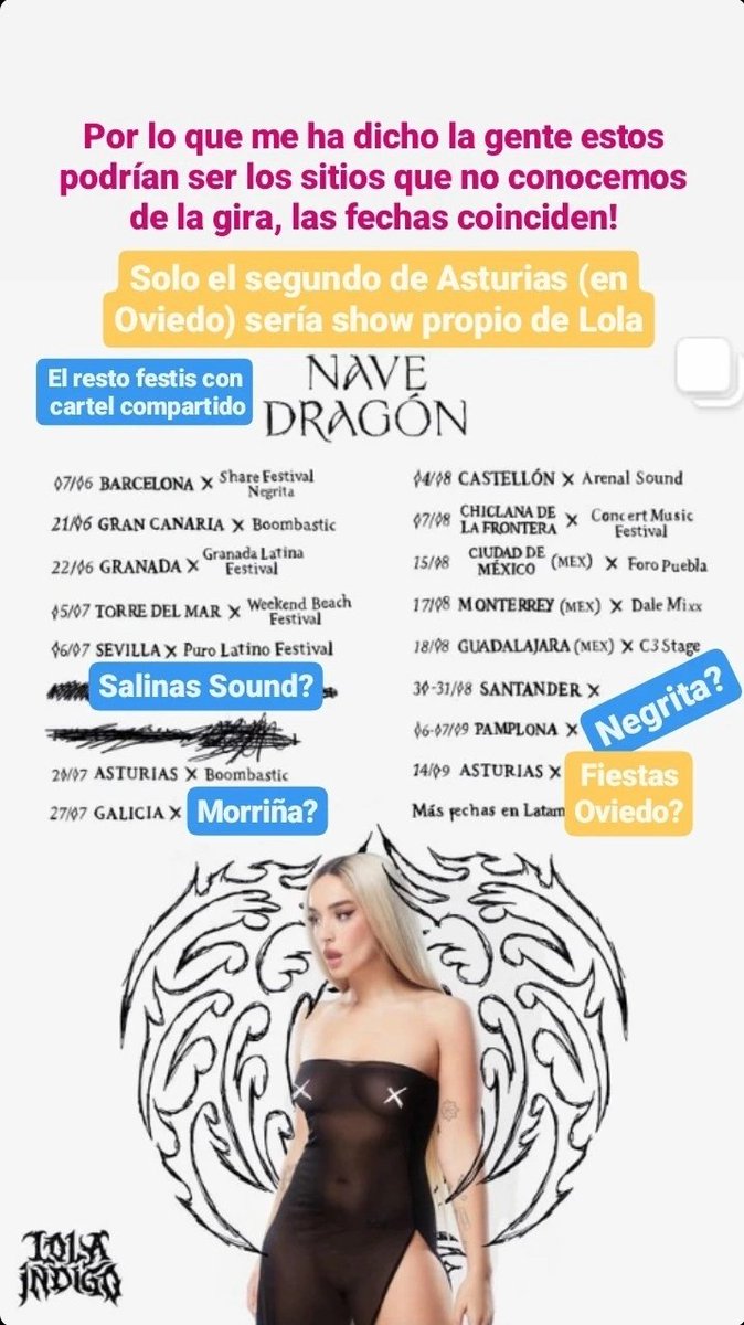 Estos serían los sitios que faltan en el cartel por lo que me dice la gente y por las fechas 🎶

El segundo tachón sería en una isla como nos ha 'chivado' Lola en Telegram; Chiclana y Oviedo los únicos shows propios...