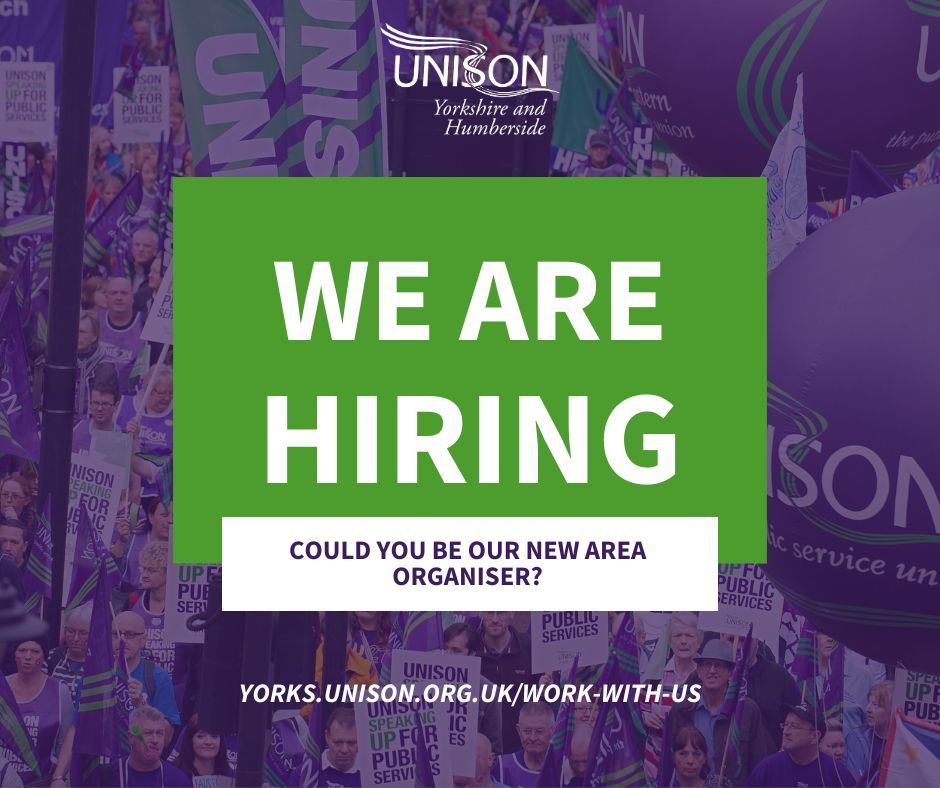 𝙅𝙊𝙄𝙉 𝙏𝙃𝙀 𝙏𝙀𝘼𝙈! Fancy becoming a part of @unisontheunion, the UK's biggest trade union? Excellent presentation and communication skills? You could be the perfect person to become our new area organiser! yorks.unison.org.uk/work-with-us/ Applications close 22 May.