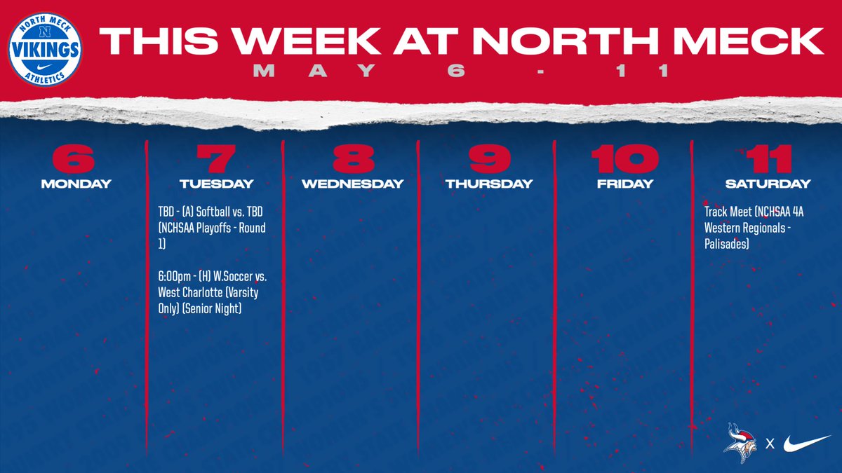 🔵⚪️🔴 Check out the North Mecklenburg Athletics Weekly Calendar for May 6-11. All events are subject to change. View the athletics calendar at calendar.northmeckathletics.com for up to date events. #WeAreNorth #Family #Tradition #VikingLife