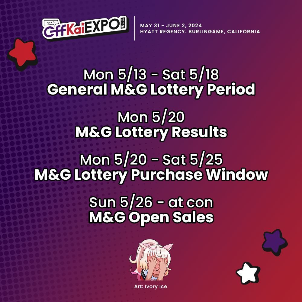 We're putting the final preparations on our Meet and Greet schedule for #OffKaiGen3, so here's a breakdown of the dates ahead! 📅 

More information regarding the M&G lottery will be released soon. In the meantime, please direct any questions you have below! 🔽