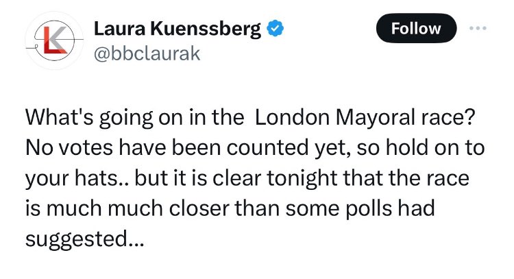 So Khan had the 2nd highest winning margin in the #LondonMayor elections ever. How is Laura Kuenssberg still employed as a political commentator?