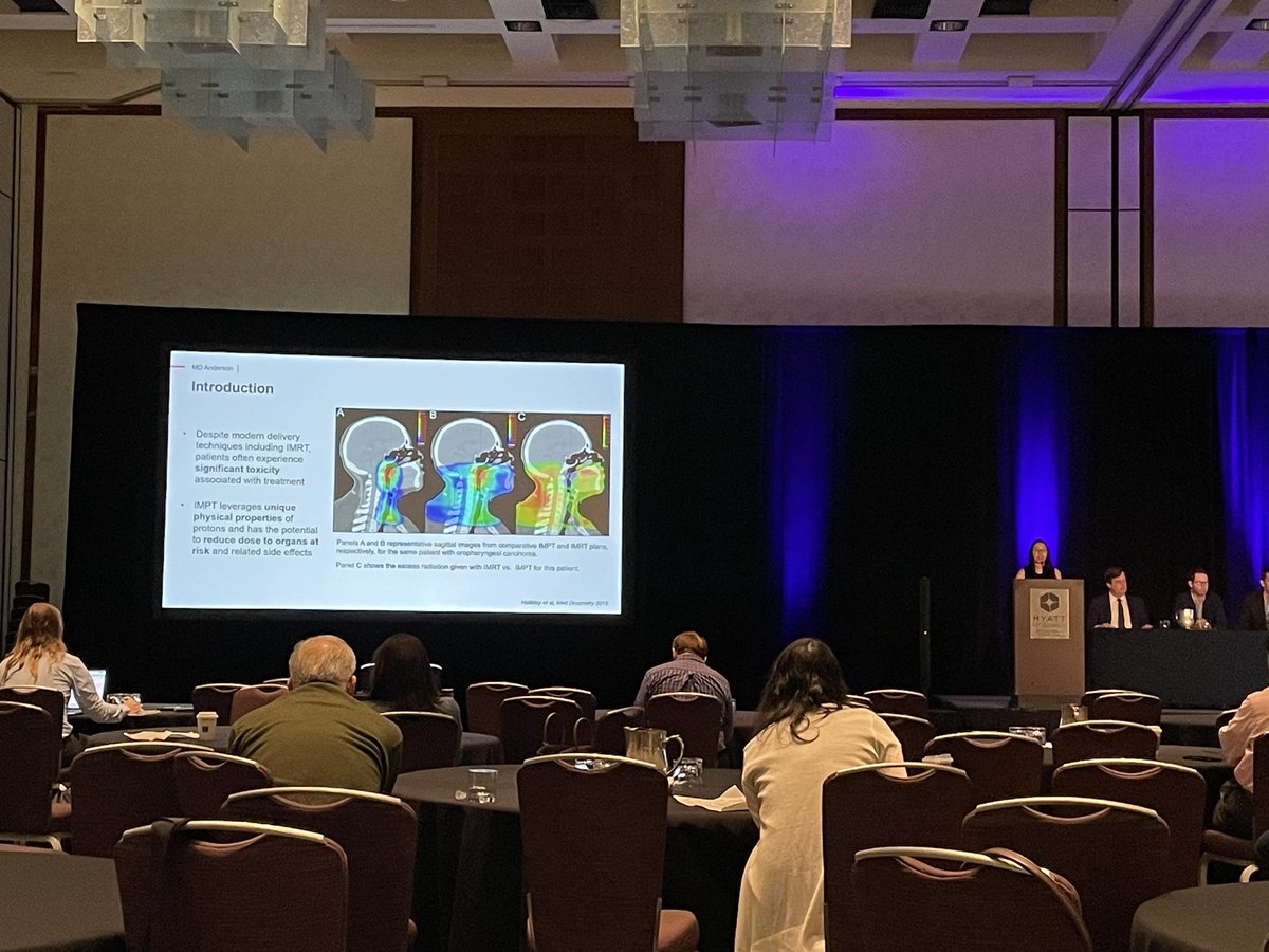 Exciting work presented by Dr. Kathryn Marqueen, mentored by @SJFrankMD, on how patients with oropharynx cancer treated with IMPT had ⬇️ gastrostomy-tube dependence vs. IMRT. @MDAndersonNews #ARS2024