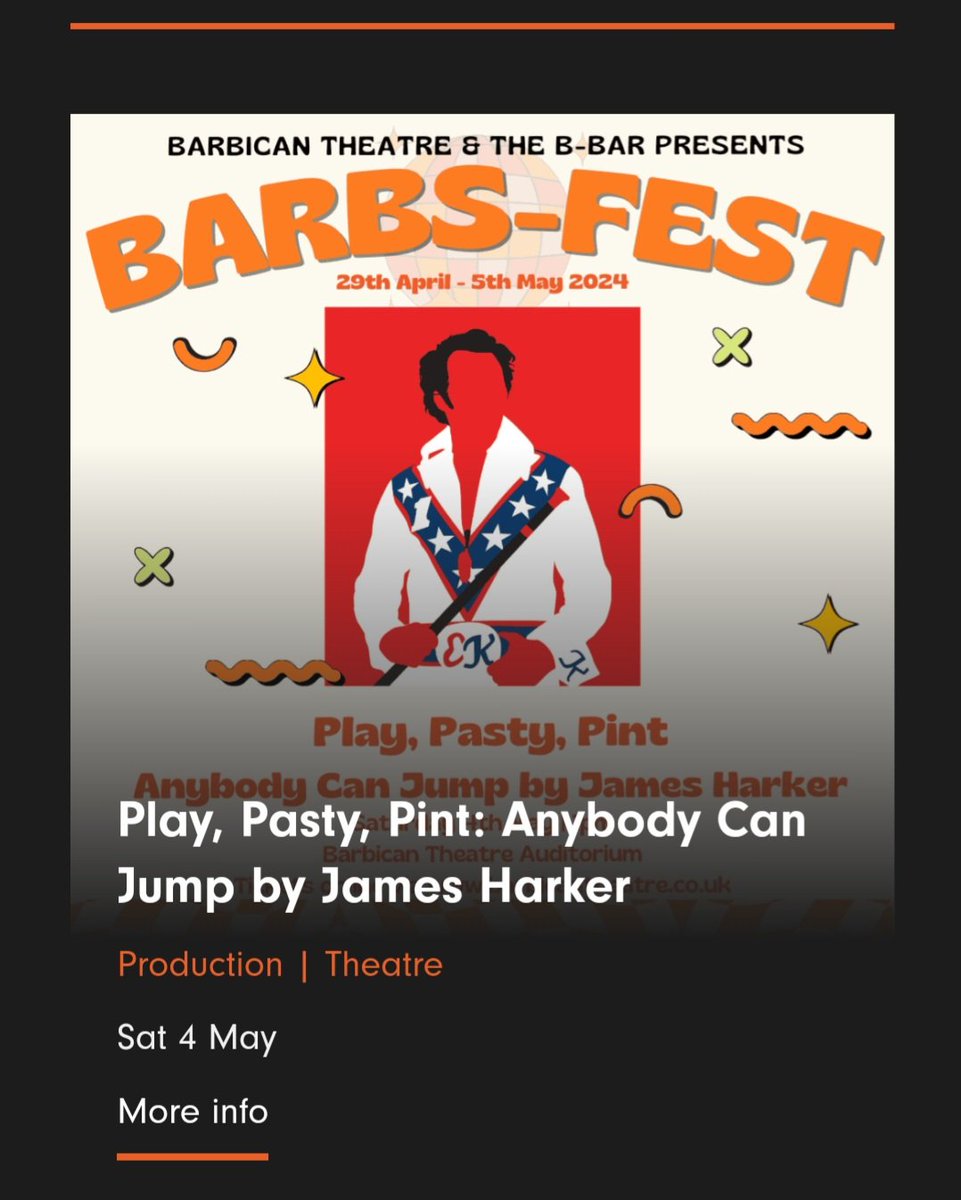 Absolutely loved Anybody Can Jump @BarbicanTheatre this afternoon. It was part of Play, Pasty, Pint. See a play, have a pasty and a pint (soda water in my case) great dual tale about Evel Knievel and an actor's dreams. Very funny @rubyn16