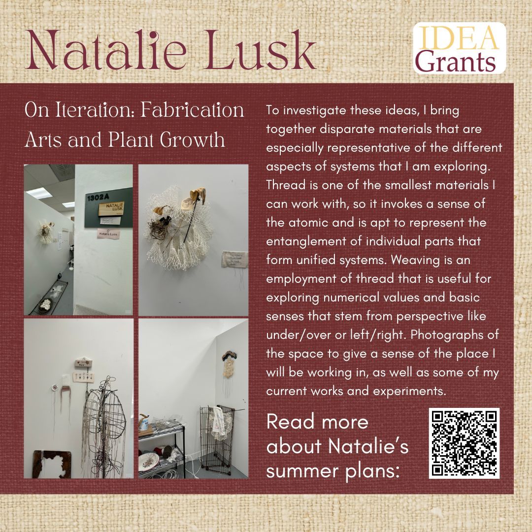 FSU_CRE's tweet image. Today we are highlighting 2024 IDEA Grant Recipient, Natalie Lusk! Natalie is a second-year student at FSU pursuing dual degrees in Studio Art and Philosophy. 

Read more about Natalie&apos;s project: buff.ly/4aWPYYQ 

#IDEAGrant