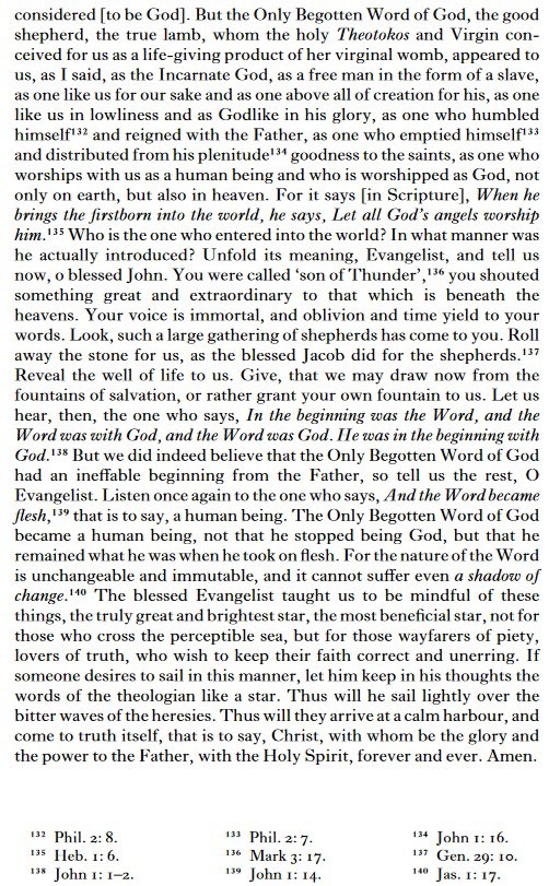 A homily from Cyril of Alexandria, delivered at the Council of Ephesus on the Feast Day of the Apostle John. It is short but wonderfully theologically dense on the subject of who Jesus is.
