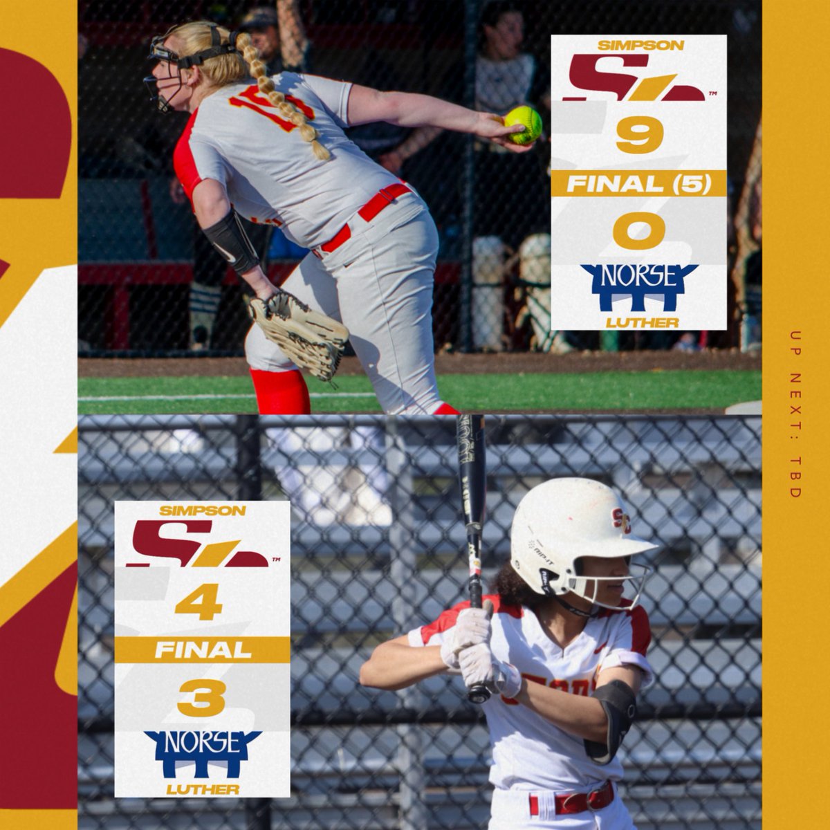 That is a Storm sweep! Simpson takes the doubleheader against Luther and clinches a spot in next week's American Rivers Conference Tournament! #rollriversSB
