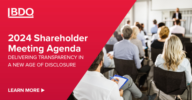 From cyber and technology risks to climate reporting and governance sophistication, @BDO_USA’s 2024 Shareholder Meeting Agenda outlines key priorities for public company shareholders this proxy season. #CorpGov #ProxySeason dy.si/Svnw