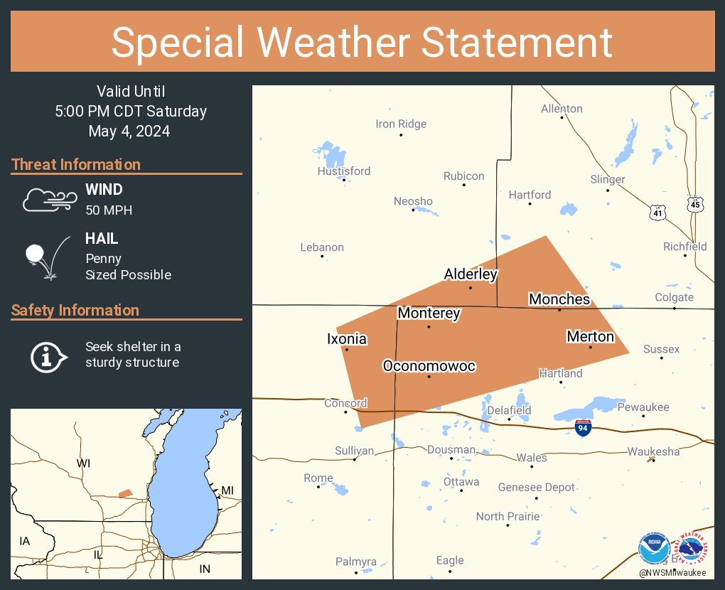 A special weather statement has been issued for Oconomowoc WI, Okauchee Lake WI and Merton WI until 5:00 PM CDT