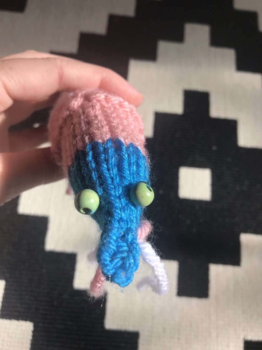 @CorrodedParadox I knitted a trans flag pride shrimpy (from a pattern on Ravelry)