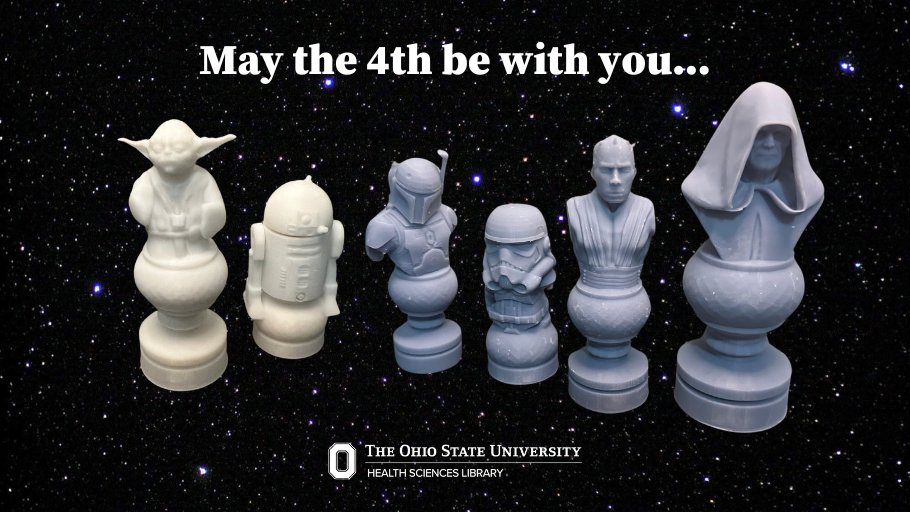 The force is strong with this one... Learn how to create 3D models from start to finish, like these Star Wars chess pieces, our one of the ETI's Intro to 3D Printing workshops! ➡️ eti.osu.edu/events #OSUHSL #OSUWexMed #OhioState #3DPrinting #MedLibs #Library