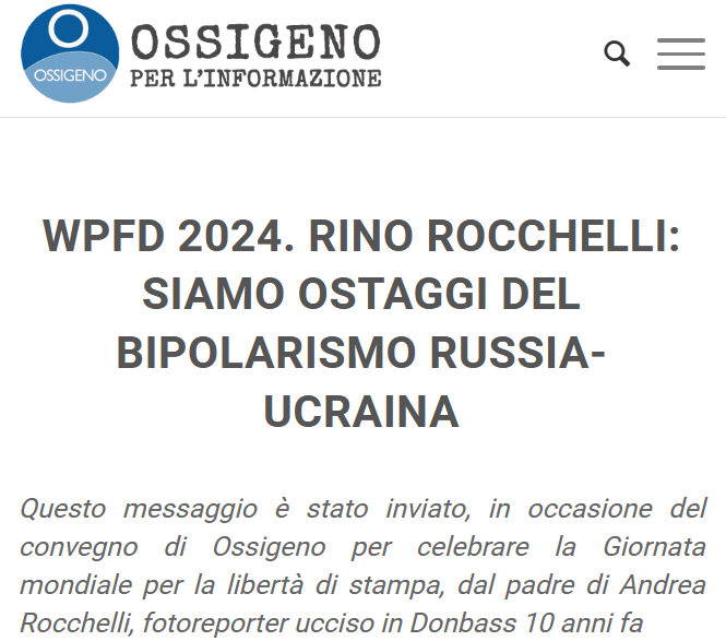 1/2 Il padre di Andy Rocchelli: 'Nonostante l’omertà ed i depistaggi della parte ucraina si arriva ad un processo che in 3 gradi di giudizio rùbrica l’omicidio come un “crimine di guerra” e ne identifica i responsabili nelle milizie ucraine...' ossigeno.info/wpfd-2024-rino…