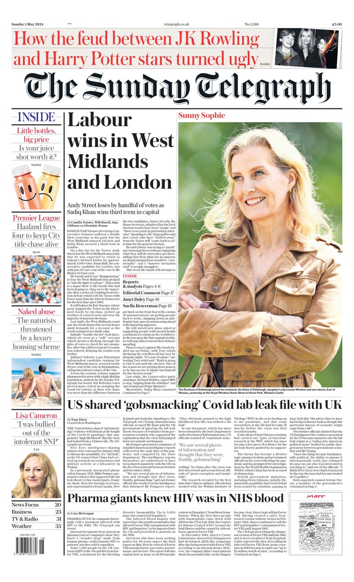 The Sunday Telegraph: Labour wins in West Midlands and London #TomorrowsPapersToday