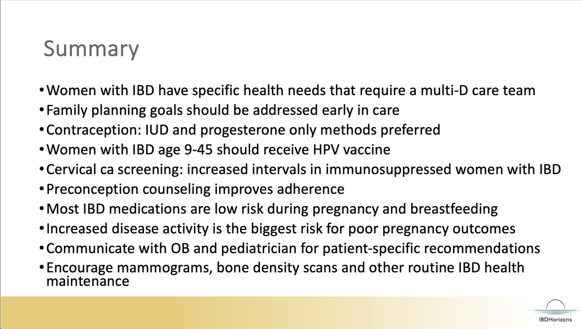 #IBDHorizons24 @ElisaBodenIBDMD #WomensHealth Manage pregnancy flares aggressively ✨NEW info: baby Aspirin *may* prevent preeclampsia; rec by @acog & NICE at 12wks Early-onset pre-eclampsia⬆️complications 🤝MFM + GI MDT team (GI, PCP, OB/gyn, Surgeon, Psych, PT, Derm)