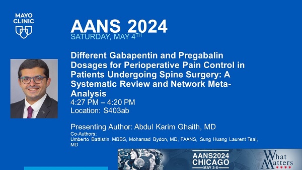 Presenting Author, Abdul Karim Ghaith, MD is coming up at #AANS2024! <a href="/AANSNeuro/">AANS</a> <a href="/abdul_ghaith/">Abdul Karim Ghaith,MD,PhD</a> <a href="/Umberto_BT/">Umberto Battistin</a> <a href="/MohamadBydon/">Mohamad Bydon, M.D.</a> #SungHuangLaurentTsai