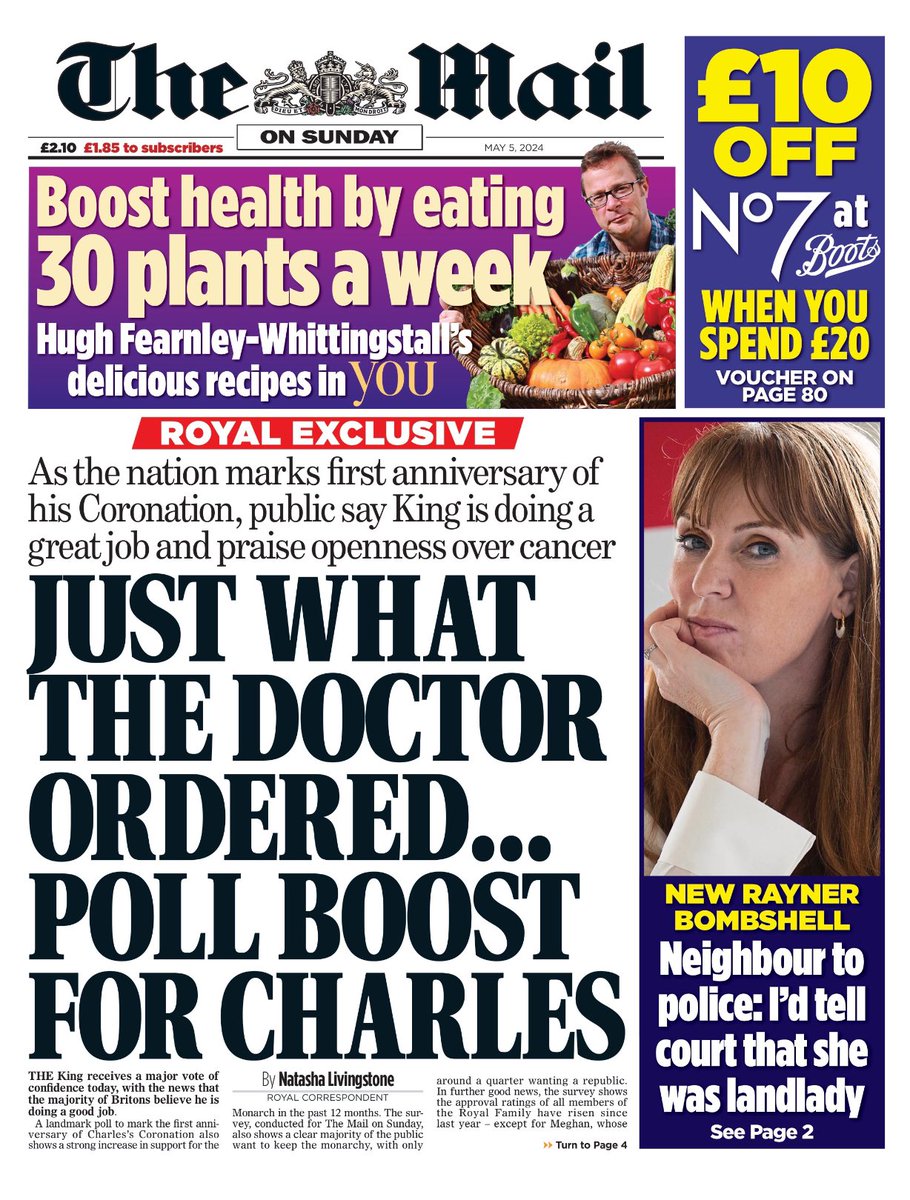 Introducing #TomorrowsPapersToday from:

#TheMail on Sunday 

Poll boost for Charles 

Check out tscnewschannel.com/2024/04/28/tom… for a full range of newspapers.

#buyanewspaper  #TomorrowsPapersToday #buyapaper #pressfreedom #journalism
