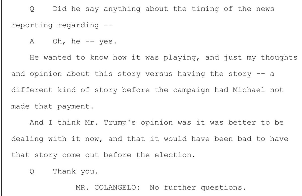 Transcript of Hope Hicks' final Q&A is even more incriminating than some reports. Trump not only communicates 'it would have been bad to have that story come out before the election.' Trump also links it to Cohen hush money: 'had Michael not made that payment.'
