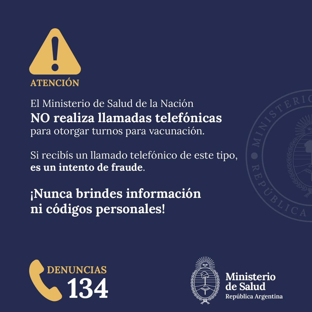 ⛔ Ni el Ministerio de Salud ni #MiArgentina realizan llamadas para turnos de vacunación ni piden información personal. En este link, vas a encontrar recomendaciones para proteger tu identidad digital y tus cuentas 👇🏼 bit.ly/Recomendacione…