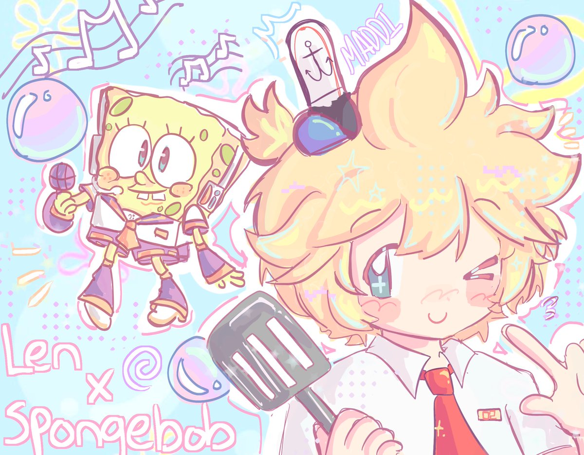 #LenWeek2024 who lives in a banana under the sea?? 
LEN WEEK DAY 4: crossover!!! 
#len #lenkagamine #fanart #spongebob #vocaloid