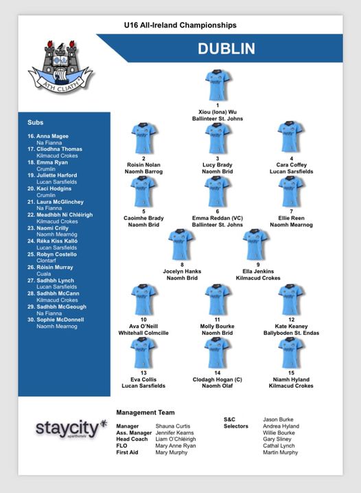 💙11 - M O L L Y 
💙  8 - J O C E L Y N 
💙  5 - C A O I M H E
💙  3 - L U C Y 

All the very best to the girls and their management team tomorrow 💪

#OurGameOurPassion
#dublincamogie
#ThisIsMajor
#camogie
#staycity