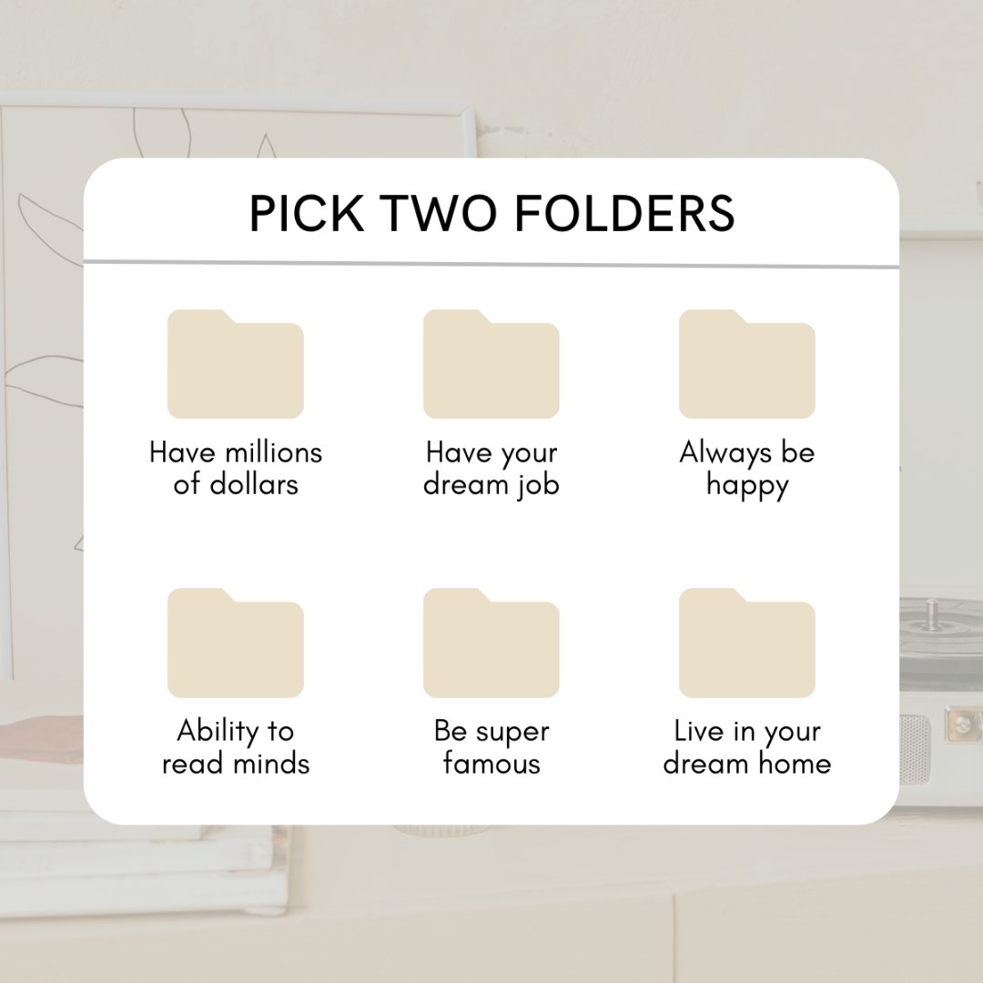 You get to choose two of these folders and that is your destiny! Which do you choose?

Comment below!

#quiz #quiztime #millionaire #dreamjob #happiness #dreamhome #DashSellsHomes #SparksNV #SparksRealEstate #RenoSparksRealEstate #RealEstateLife #RenoRealEstate #LPTRealty