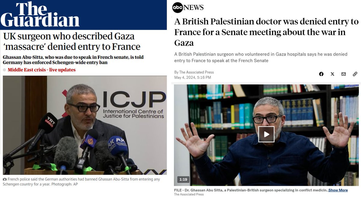 🔴La honte internationale : Guardian, Washington Post, Telegraph, ABC News, Skynews, Al Jazeera, Al Arabiya, LBC Liban....

Les Etats-Unis, la Grande Bretagne, les pays arabes... C'est magnifique pour l'image de la France.

Rappel : le médecin palestino-britannique Ghassan Abu…