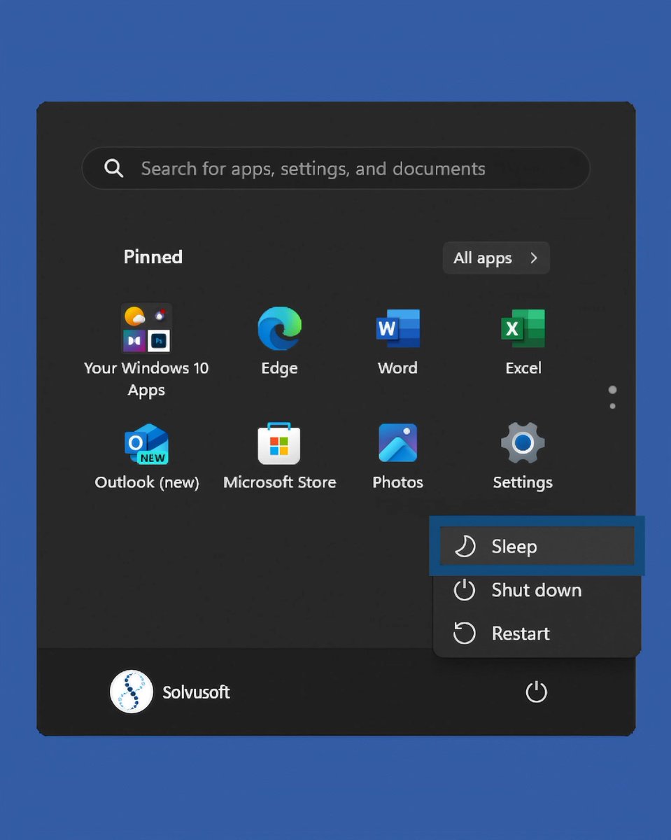 🌙💤 Use 'Sleep Mode' to preserve energy and resume your work instantly, without sacrificing your progress or having to wait for the computer to power on. #WindowsTips #SolvuSoft 💻🔒