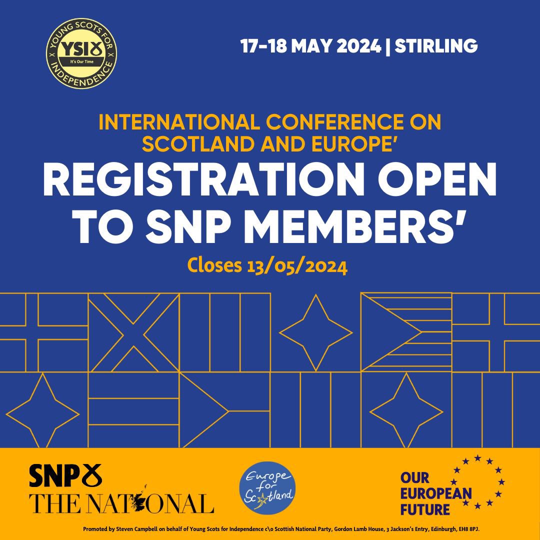 🇪🇺 Register for our international conference on the future of Scotland and Europe - open to all SNP members. 📍 17-18 May, Stirling. 🤝 Featuring international youth leaders, politicians and experts. 🎟️ Friday: eventbrite.com/e/ysi-internat… 🎟️ Saturday: eventbrite.com/e/ysi-internat…