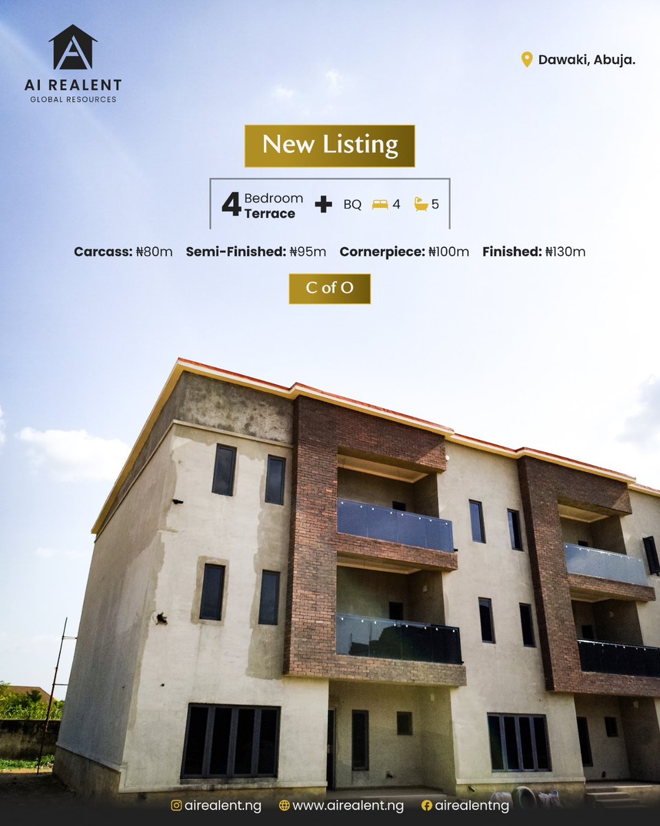 airealentng's tweet photo. New Listing‼️
4 Bedroom terrace with BQ for sale at Dawaki, Abuja.
Property comes with a C of O title
Carcass: 80m
Semi-finished: 95m
Corner piece: 100m
Finished: 130m
For more info leave a DM or call us on 07068819946
#luxuryhomes #realestate #abuja #abujahouses #abujahome https://t.co/p5IBw2yoPz