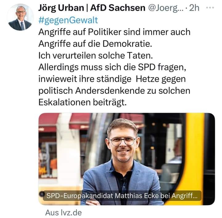 Lest! Die AfD betreibt widerlichste Täter-Opfer-Umkehr. #Urban & Co wissen genau, wie ihre Hetze zum Angriff auf #MatthiasEcke beitrug. Sie erdreisten sich aber, die #SPD verantwortlich zu machen für solche 'Eskalation'. Das Opfer ist also schuld. Diese #AfD gehört verboten.