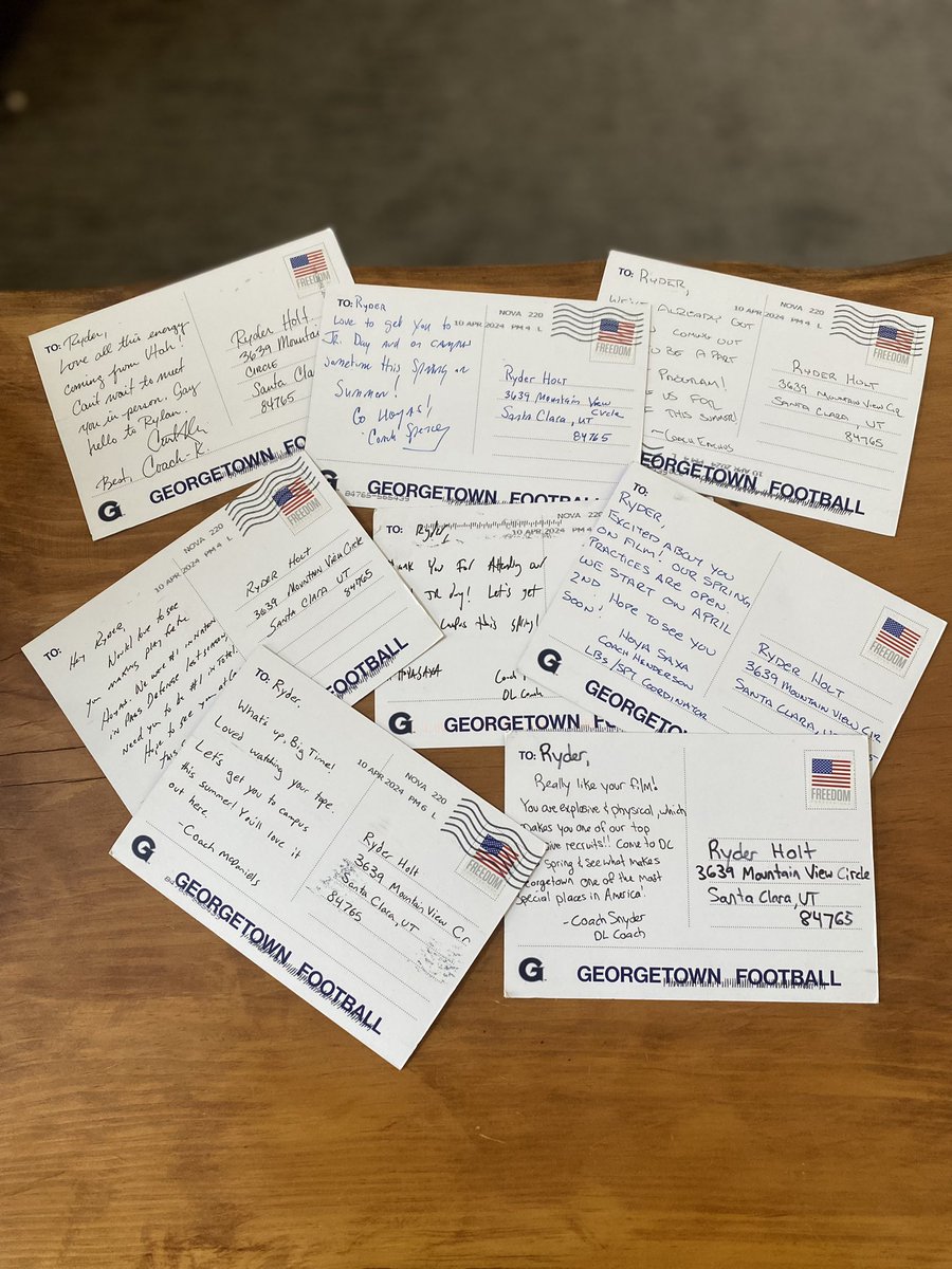 Ryder Holt (@ryderholt_) on Twitter photo Not much beats hand written letters! Thank you for taking the time Georgetown coaching staff <a href="/HoyasFB/">Georgetown Football</a> ! So cool of you guys! #greatmen #hoyas #grateful <a href="/coachsgarlata/">Coach Sgarlata</a> <a href="/CoachPartin/">Joey Partin</a> <a href="/CoachTreyHen/">Trey Henderson</a> <a href="/jackwmcdaniels/">Jack McDaniels</a> @Coach_SnyderGT <a href="/CoachEachus/">Shane Eachus</a> <a href="/jackjohnson2024/">Jack Johnson</a> <a href="/RylanFilipe/">Rylan Filipe</a> Not much beats hand written letters! Thank you for taking the time Georgetown coaching staff <a href="/HoyasFB/">Georgetown Football</a> ! So cool of you guys! #greatmen #hoyas #grateful <a href="/coachsgarlata/">Coach Sgarlata</a> <a href="/CoachPartin/">Joey Partin</a> <a href="/CoachTreyHen/">Trey Henderson</a> <a href="/jackwmcdaniels/">Jack McDaniels</a> @Coach_SnyderGT <a href="/CoachEachus/">Shane Eachus</a> <a href="/jackjohnson2024/">Jack Johnson</a> <a href="/RylanFilipe/">Rylan Filipe</a>