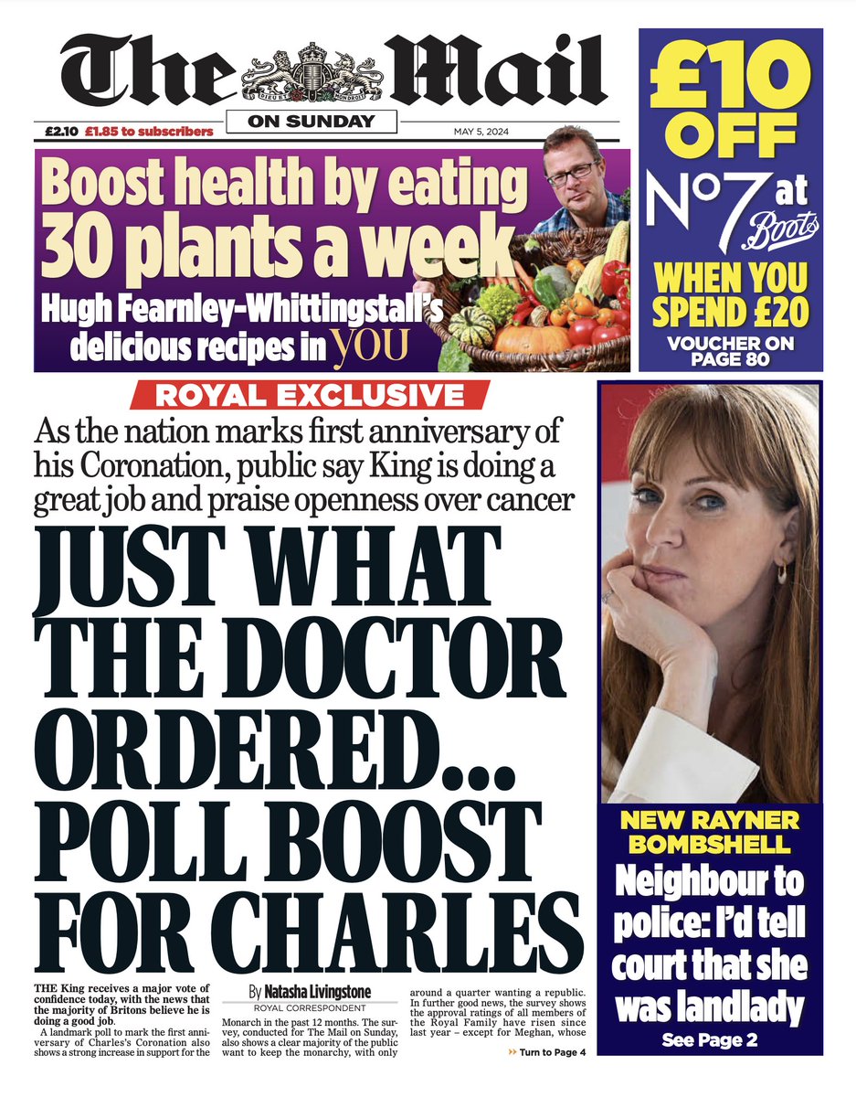 The Mail on Sunday's coverage of the #ToryWipeout in full: a) the King is nice, b) plants are good for you, and c) 'a new Angela Rayner bombshell'. 🤦