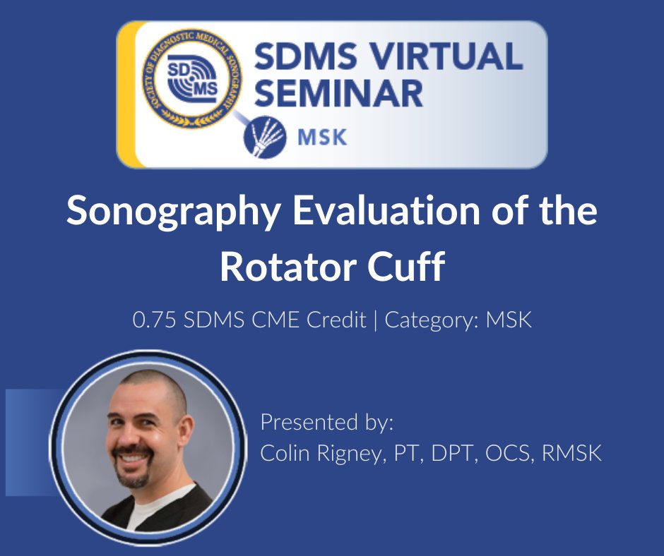 Enhance your understanding of #sonography in evaluating the rotator cuff. Join Colin Rigney in our next virtual seminar, earn 0.75 #SDMS CME credit, and dive deep into  #sonographic characteristics of a tear vs #tendinopathy. Register: bit.ly/3TRsUmU #VirtualEvent #MSK