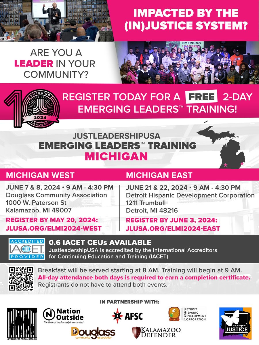 Are you formerly incarcerated? Justice-impacted? Or know someone who is? Join us for FREE Emerging Leaders™ trainings in Kalamazoo, MI on June 7-8 and Detroit, MI on June 21-22! Secure your spot now at jlusa.org/elmi2024.