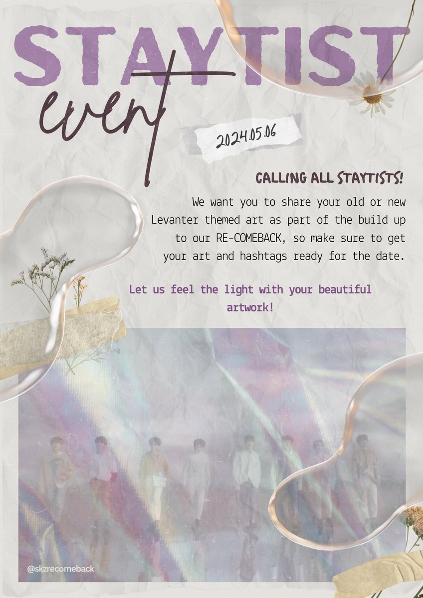 [STAYTIST EVENT INFORMATION]🎨

Get your Levanter inspired artwork, old or new, ready for our staytist event on May 6th!

We also have a tag for the event, please don't use this until the day!

#️⃣StaytistsForLevanter

#BackToLevanter #StrayKidsReComeback 
#Levanter #StrayKids