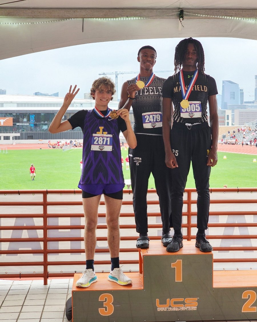 3rd PLACE IN TEXAS. Landon Freeman won himself a bronze medal at the 2024 UIL 6A State Track Meet, clearing 6’8”. He is so deserving of this & more. WAY TO GO, KID!!!!!!💜💛