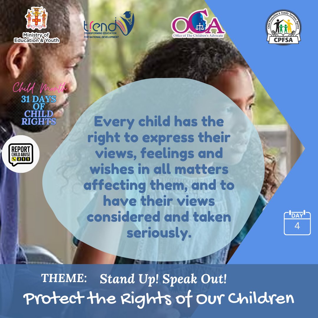 Today is Day 4 of Child Month. Every child has the right to express their views, feelings, and wishes in all matters affecting them, and to have their views considered and taken seriously. #ChildMonth #MoEY #TRENDBrighterJa